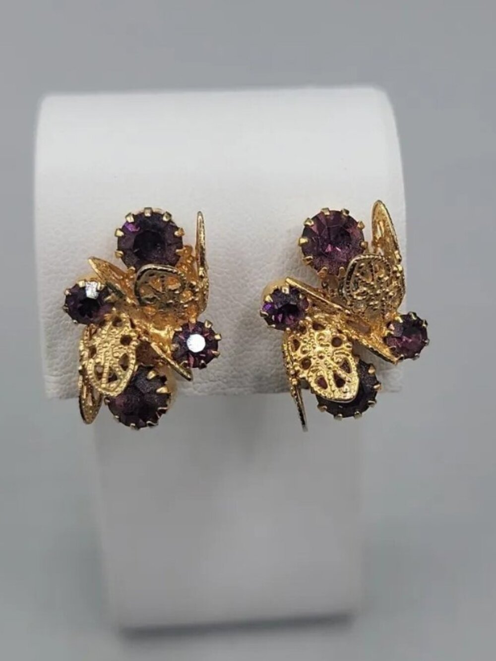 Vintage Faux Amethyst Flower Buds Clip On Earrings Gold Tone Filigree Leaves